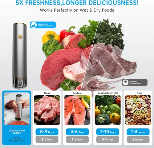 Miniatura 5 de Potente sellador al vacío de mano, máquina compacta para ahorrar alimentos con 10 bolsas reutilizables, diseño portátil para preparación de comidas