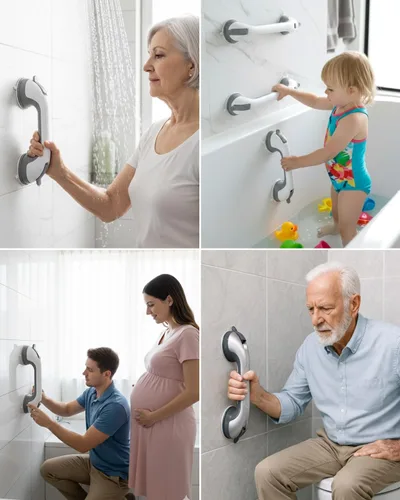 Miniatura 8 de Paquete de 2 barras de agarre de ducha con ventosa para personas mayores, asas de ducha extraíbles resistentes para bañeras y duchas, pasamanos