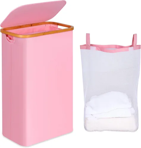 Miniatura 14 de iEGrow Cesta de lavandería delgada de 65L, cesta de lavandería estrecha con tapa, cesta de ropa plegable con asas de bambú, cesta de lavandería