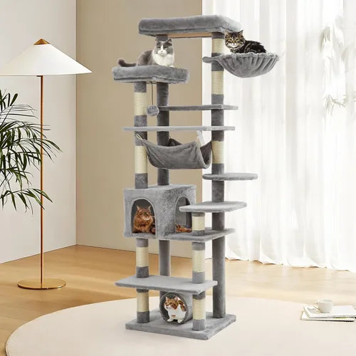 Miniatura 11 de GarveeHome Árbol de gato de 67 pulgadas para gatos grandes, cuenta con poste rascador, condominio para gatos, plataformas, túnel, hamaca, estación