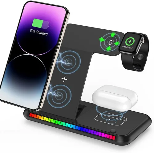IHAO Estación de carga inalámbrica plegable multifuncional 3 en 1 con luz nocturna LED ambiental, cargador rápido QC3.0 para teléfono, iWatch,