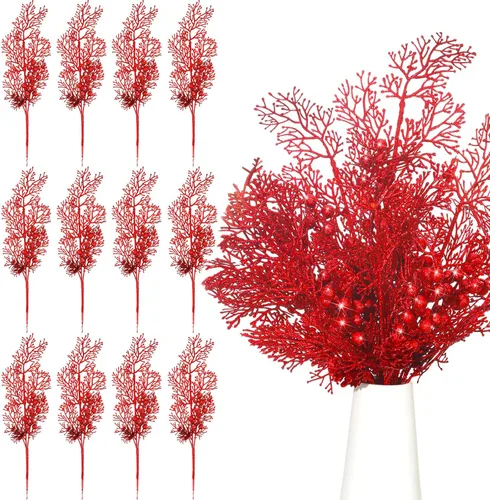 Miniatura 14 de Tigeen 12 Piezas Púas de Árbol de Navidad a Granel, Relleno Artificial para Árbol de Navidad, Púas de Bayas con Purpurina, Tallos, Ramas y Champán