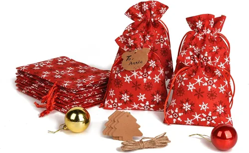 Miniatura 7 de XCFWin Paquete de 12 bolsas de regalo de Navidad con cordón, diseños reutilizables para suministros de fiesta de Navidad