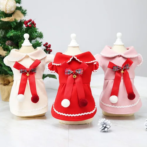 Miniatura 7 de Zunea Vestidos de invierno para perros pequeños, niña, vestido de princesa para cachorro de Navidad con lindo nudo de lazo y campana, suave y Rojo