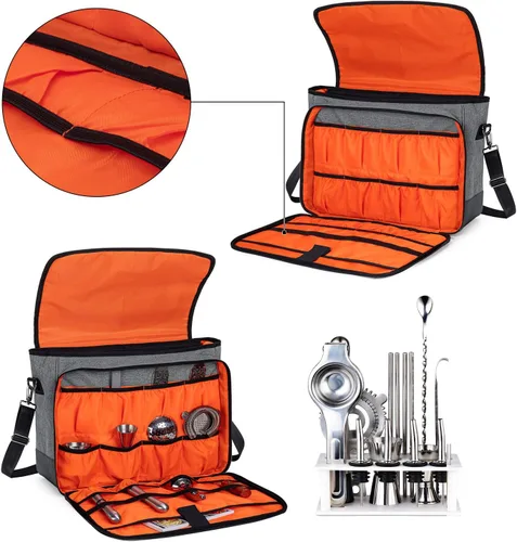 Miniatura 2 de CURMIO Bolsa de bartender, bolsa de viaje para juego de herramientas de bar, kits de almacenamiento para bartender con compartimentos acolchados Gris