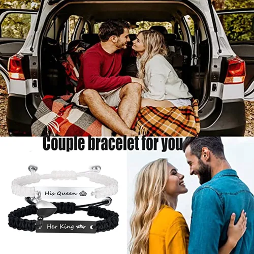 Miniatura 5 de XUANPAI Juego de pulseras de identificación trenzadas hechas a mano con cuerda grabada para parejas, regalo personalizado de aniversario para él