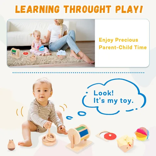 Miniatura 6 de Kit de juego Adena Montessori para bebé de 5-6 meses, juguetes educativos de aprendizaje 8 en 1 para niños pequeños, incluye tambor giratorio
