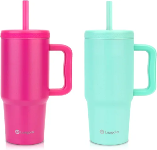 Miniatura 17 de Taza para niños de 24 onzas con asa, tapa de rosca a prueba de fugas con pajita de silicona extraíble, a prueba de derrames, botella aislada