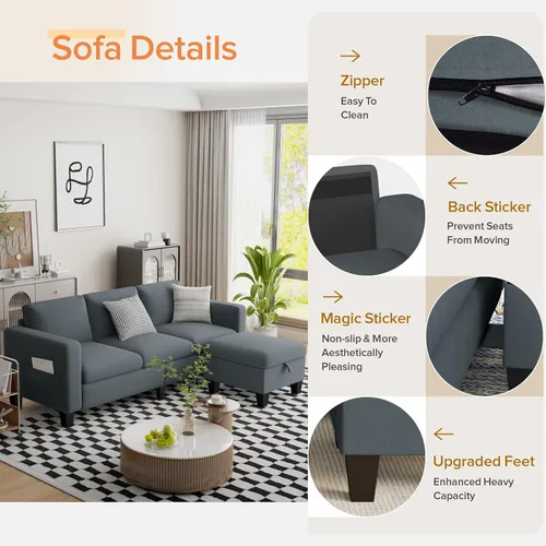 Miniatura 6 de ZeeFu Sofá modular convertible, sofá clásico en forma de L de 3 asientos con otomana móvil, moderno sofá seccional tapizado de tela de terciopelo