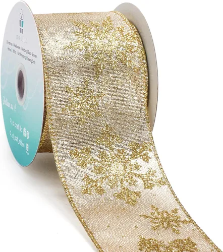Tela metálica dorada champagne con cinta de copo de nieve dorado con alambre de 2.5 pulgadas x 10 yardas para decoración del hogar de Navidad, lazo