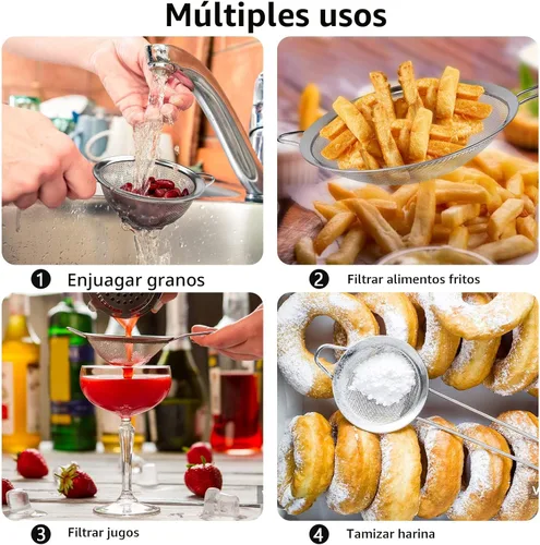 Miniatura 4 de Juego de 3 coladores de malla extrafina de alambre con mango, tamaño pequeño, mediano y grande, tamiz de acero inoxidable, coladores de malla fina