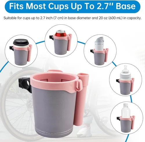 Miniatura 3 de Portavasos para bicicleta 3 en 1 con gancho para llaves de teléfono celular, soporte universal para botella de agua para caminante/silla de rosa gris