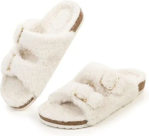 FITORY - Pantuflas de punta abierta para mujer, con acogedor forro interior, sandalias de imitación de piel de conejo y de corcho, tallas de la 6 a