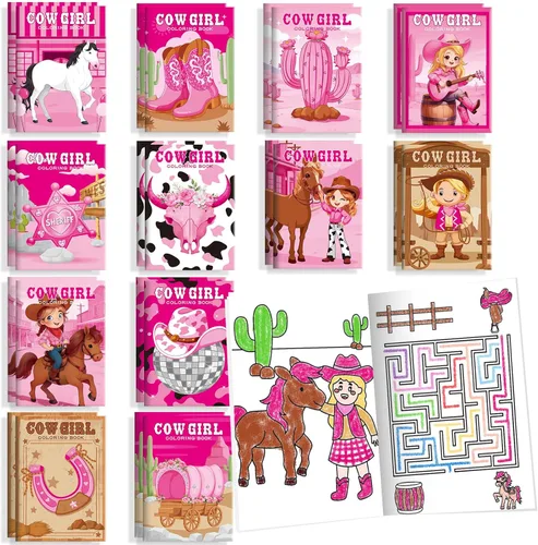 BenLouis 24 piezas de mini libros para colorear de vaquera para niños, recuerdos de fiesta de chicas occidentales, pequeños libros de actividades a