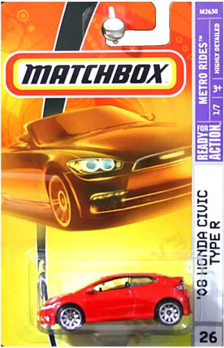Matchbox 2007 MBX Metro Rides 1:64 Escala Die Cast Metal Car # 26 - Color Rojo 3 Puerta Hatchback 2008 Honda Civic Tipo R