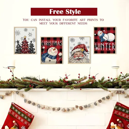 Miniatura 5 de XYDEG Conjunto de 4 Impresiones de Arte Navideño para Pared, Impresiones Navideñas, Hola Invierno Vintage Santa Navidad Muñeco de Nieve Búfalo
