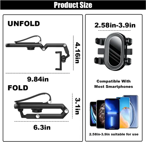Miniatura 2 de Soporte para teléfono para visera solar, multifuncional, ajustable, espejo retrovisor, soporte para teléfono celular para coche, hogar, cocina, Negro