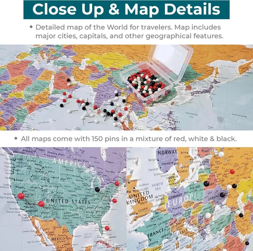 Miniatura 4 de Póster personalizado en lienzo enrollado con mapa del mundo, arte de pared con chinchetas – Grande 24" x 36" mapa del mundo de océanos azules