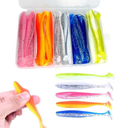 Miniatura 8 de Cebos de natación de cola de paleta, señuelos de pesca de plástico suave, cebos de natación para pesca de lubina, 30/50 piezas con caja, cebos de E