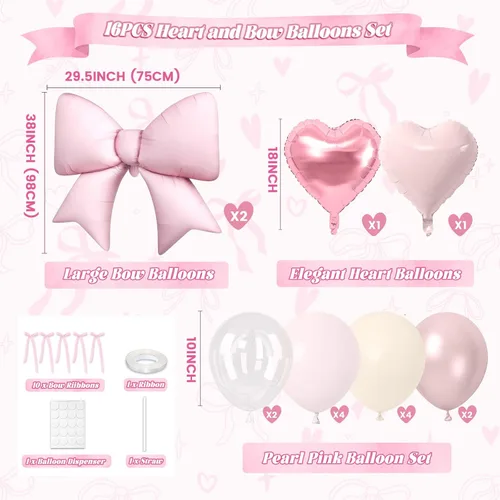 Miniatura 2 de 16 globos de corazón rosa, globos de lazo de 38 pulgadas, globo transparente rosa perla de doble relleno y arco en forma de corazón globo