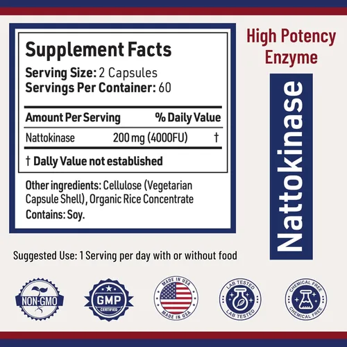 Miniatura 5 de AgeImmune Suplemento de nattoquinasa 4000 FU 200mg - Enzima - Apoyo cardiovascular 120 cápsulas - Derivado de Natto japonés - Fabricado