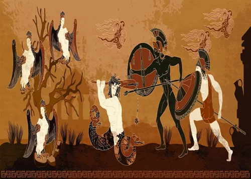 Miniatura 9 de Telón de fondo de tela de 5 x 3 pies, fondo de guerrero de la antigua Grecia antigua, mitología griega, figura negra, figuras de guerreros