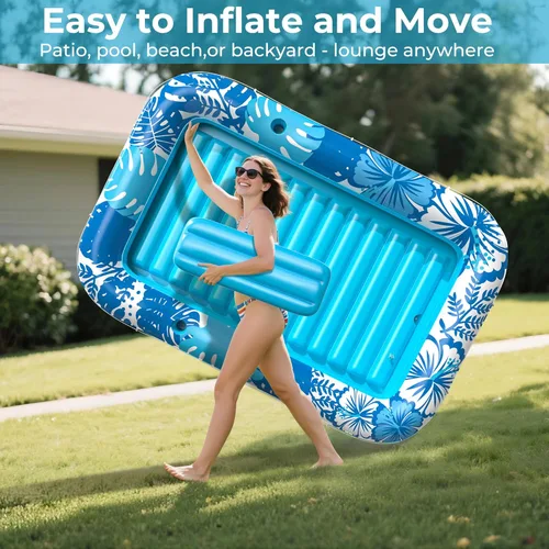 Miniatura 8 de Flotador inflable de bronceado para piscina con lona de protección, flotadores de piscina de 85 x 57 pulgadas para adultos con almohada, flotador