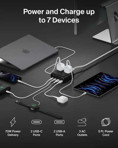 Miniatura 2 de Belkin GaN Estación de carga de 70 W, cargador USB C dual 7 en 1 con 3 salidas de CA, 2 puertos USB A, regleta de alimentación para iPhone, Apple