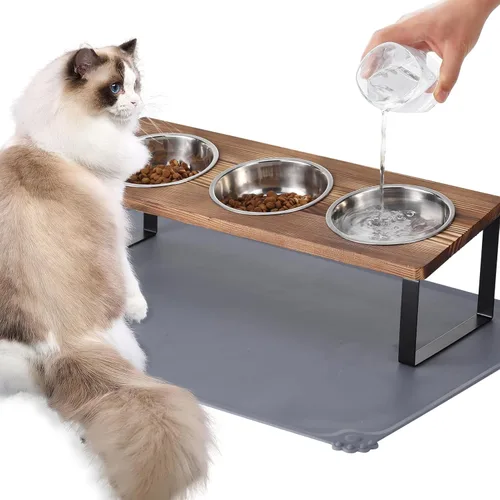 Miniatura 21 de Cuencos elevados mejorados para gatos con alfombrilla para comida, soporte inclinado a 15° anti-vómito, cuencos elevados para gatos para comida