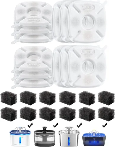 Miniatura 8 de Veken Filtro de fuente de agua para gatos, paquete de 8 filtros clásicos de repuesto y 8 esponjas de repuesto para dispensador automático de agua