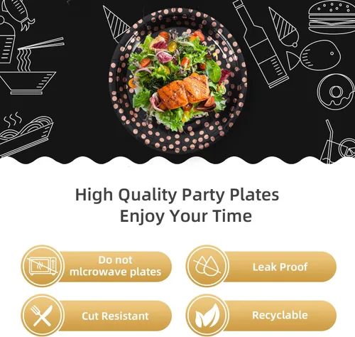 Miniatura 4 de Platos de papel para fiesta de puntos negros y oro rosa, 50 piezas desechables para fiestas, platos de papel de postre para cumpleaños, bodas