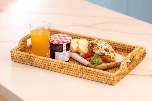 Miniatura 4 de Bandeja de servir de ratán, bandeja tejida rectangular, cestas decorativas de mimbre natural para organizar la mesa, baño, encimera de cocina