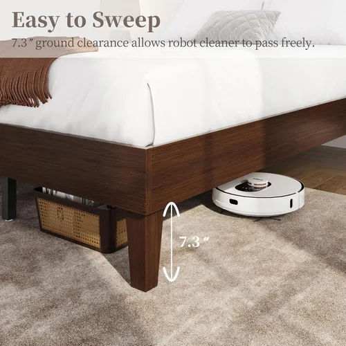 Miniatura 6 de Yaheetech Base de cama Queen con plataforma de madera maciza natural con soporte de listones de madera, espacio debajo de la cama de 7.3 pulgadas
