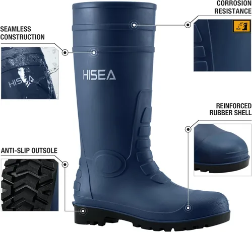 Miniatura 2 de HISEA Botas de lluvia para hombre con vástago de acero, botas de goma impermeables, botas de lluvia de PVC sin costuras, calzado de protección