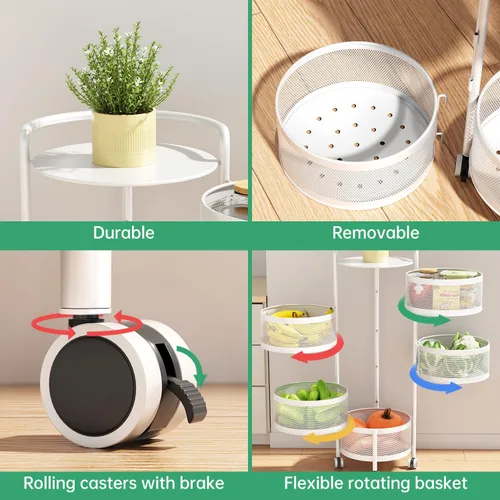 Miniatura 7 de JAQ Canasta giratoria de frutas, de metal resistente, almacenamiento multinivel de cocina, no requiere montaje, con ruedas, para frutas, verduras