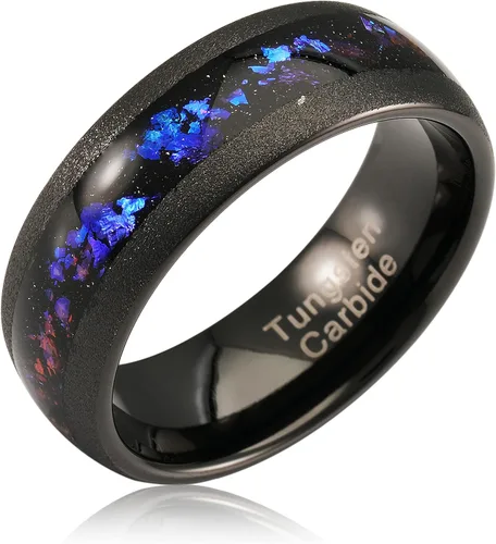 100S JEWELRY Anillos de tungsteno para hombre, incrustaciones de galaxia de ópalo nebulosa de Orión, acabado cristalino arenado negro, ideal para