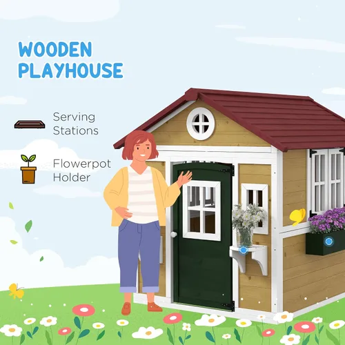 Miniatura 3 de Outsunny - Casa de juegos para niños al aire libre, casa de juegos de madera con puerta holandesa, ventanas, soportes para flores y cajas para niños
