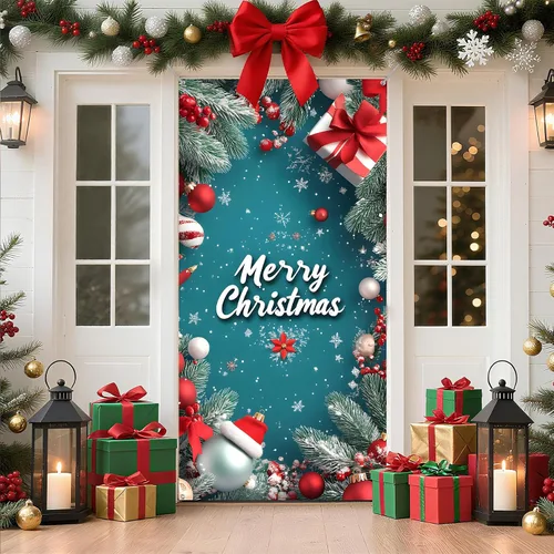 Miniatura 18 de Cubierta de Puerta de Navidad Papá Noel Muñeco de Nieve Árbol de Navidad Corona Pancarta Decoración de Vacaciones de Invierno para Puerta Principal