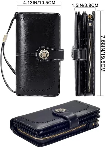 Miniatura 2 de Large Capacity RFID Blocking Genuine Leather Wallets for Women with Wristlet Trifold Ladies Billfold with Zipper by UMODE
