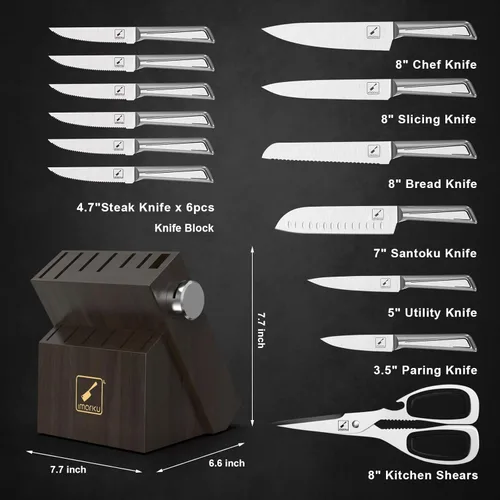 Miniatura 2 de imarku Juego de cuchillos con bloque de cuchillos, 14 cuchillos de cocina de acero inoxidable de alto carbono con afilador integrado, apto