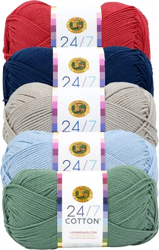 Miniatura 120 de Lion Brand Yarn, Hilo ligero mercerizado de algodón 24/7 para tejer, ganchillo y manualidades, Almirante, 1 paquete, 185 yardas de fibra natural