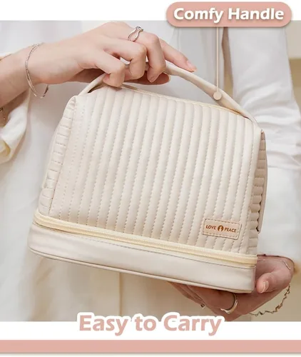 Miniatura 5 de Bolsa de cosméticos para mujer, bolsa de aseo con un compartimento separado, bolsa de maquillaje de viaje con soporte para cepillos extraíble, Rosa