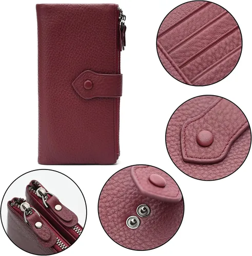 Miniatura 6 de Billeteras delgadas de cuero suave con bloqueo RFID para mujer, tarjetero de crédito con doble bolsillo con cremallera