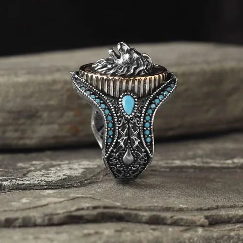 Miniatura 3 de 925 Sterling Silver Lion Head Men Silver Ring, Turquoise Stone Lion Men's Ring, Handmade Engraved Men's Silver Ring, Turkish Silver Ring