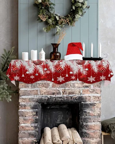 Miniatura 5 de Bufanda roja de Navidad para chimenea, decoraciones para repisa de chimenea, bolas de Navidad, copo de nieve, hojas de pino plateadas, cubierta
