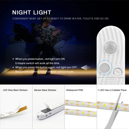 Miniatura 4 de CFGROW - Sensor de movimiento de iluminación para debajo del gabinete, 10 pies escalera de cama de cuatro modos armario lámpara cinta, impermeable 5