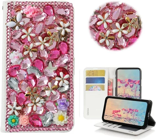 Miniatura 14 de Bling - Funda tipo cartera para teléfono compatible con Samsung Galaxy S22 Ultra, elegante funda de cuero con diseño de flores de mariposa y rosas