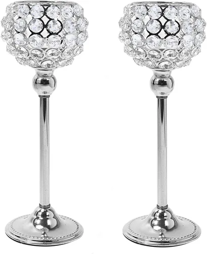 Juego de 2 candelabros de cristal plateado para mesa de comedor, centro de mesa, decoración de mesa para comedor, sala de estar, café, mesa de Plata
