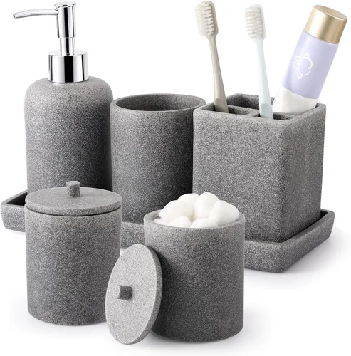 Miniatura 18 de Juego de baño de resina de 6 piezas color beige completo con soporte para cepillos de dientes, dispensador de jabón de loción, 2 dispensadores