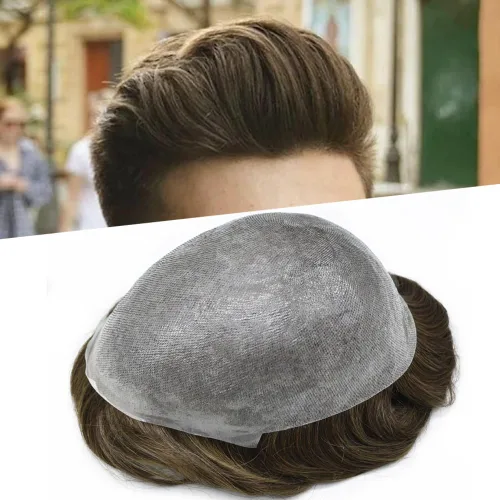 Miniatura 29 de Tupé de piel ultra fina para hombres pieza de cabello humano real sistema de reemplazo 0.002 in Mens Toupee Hairpiece para hombres V-Loop 8x10 80%